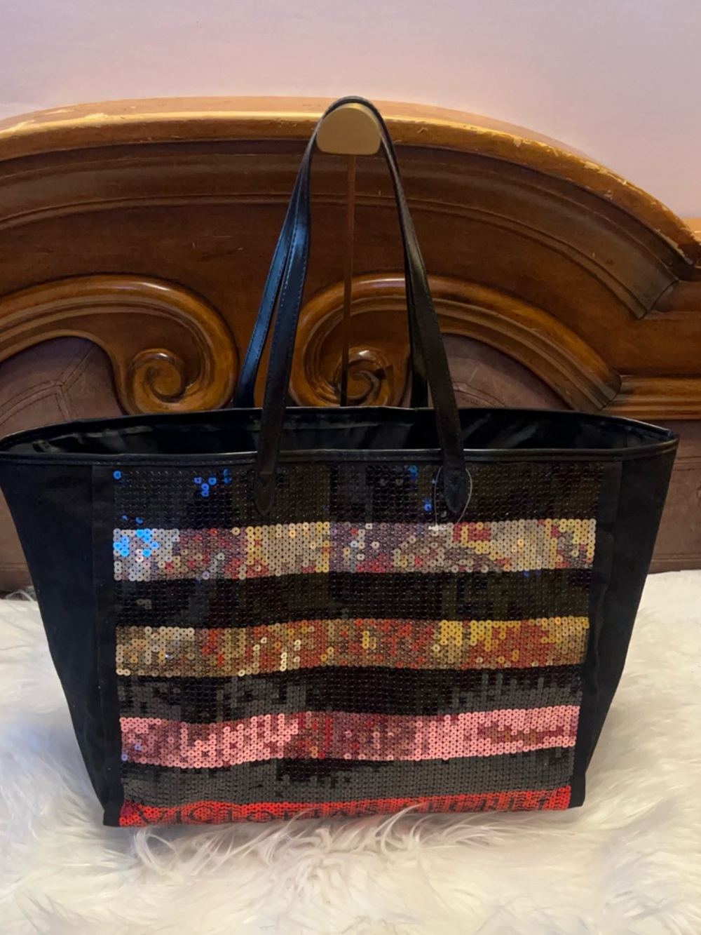 Victoria's Secret Black Tote with Multicolor Sequin Stripes